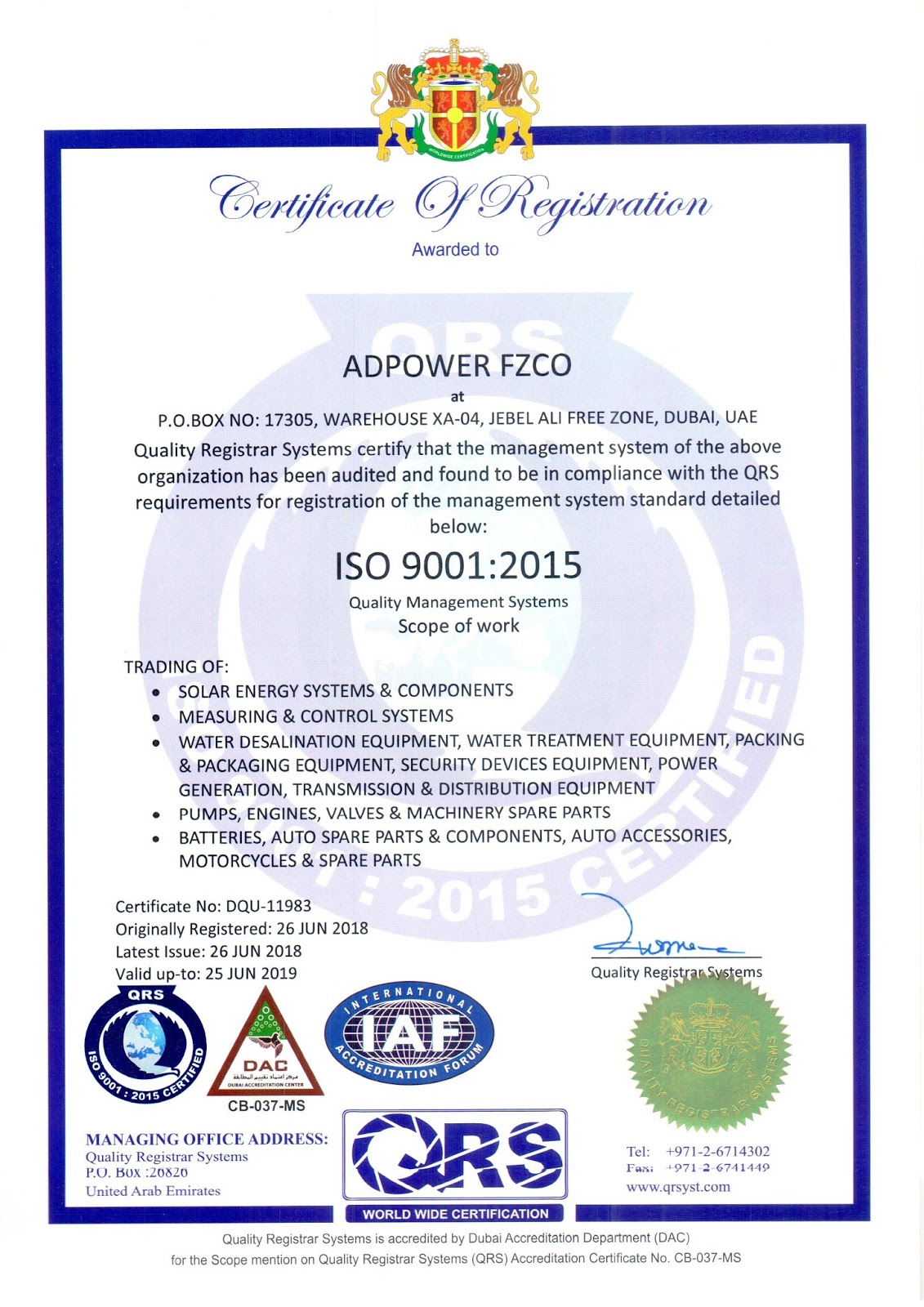 ISO 9001, ISO 14001, and OHSAS 18001 certifications
